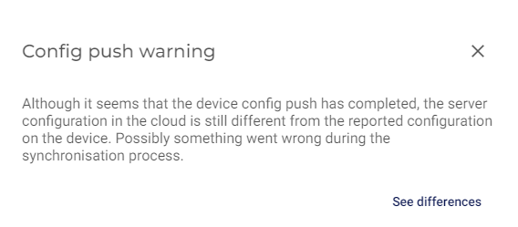 A 'Config push warning' is shown